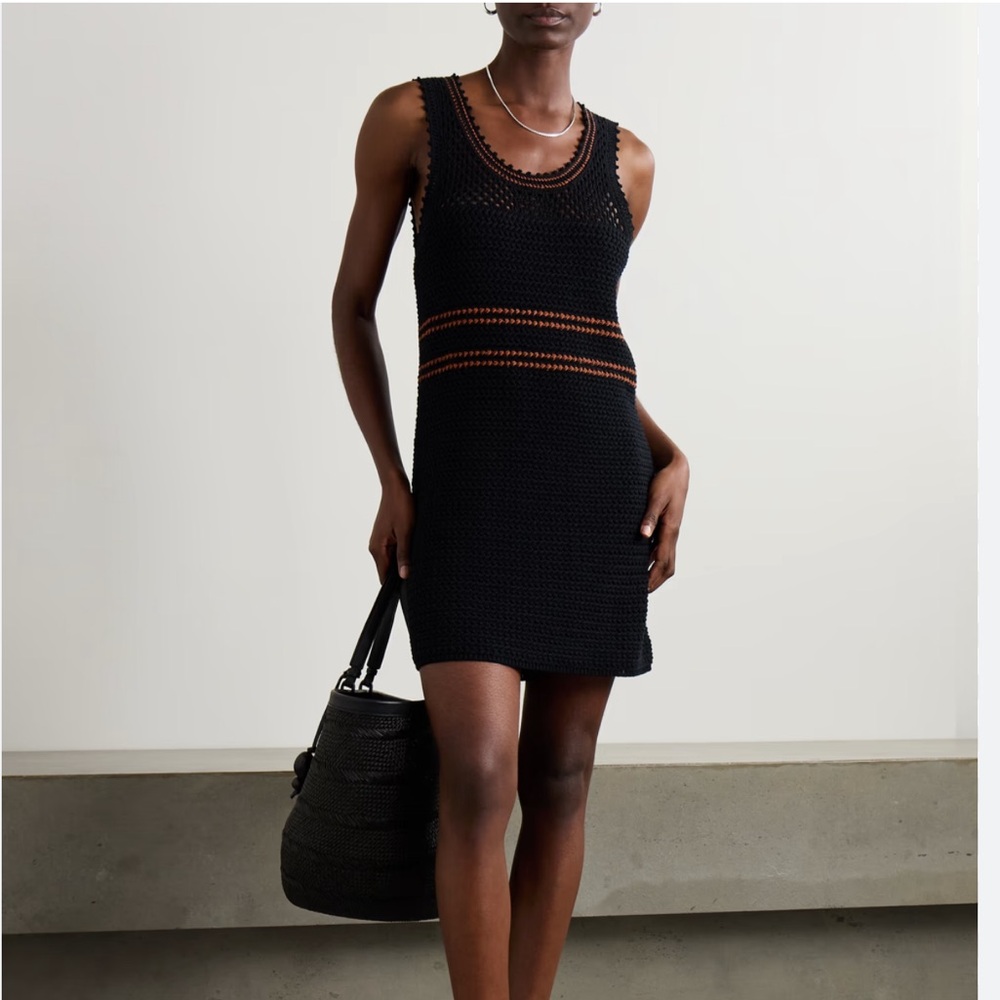Re/Done Black Crocheted Mini Dress with Brown Stripe Detail